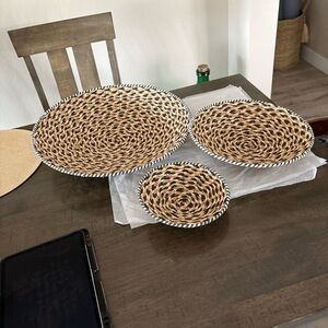 3 Black,White,Tan Woven Baskets Wired Backing Different Sizes